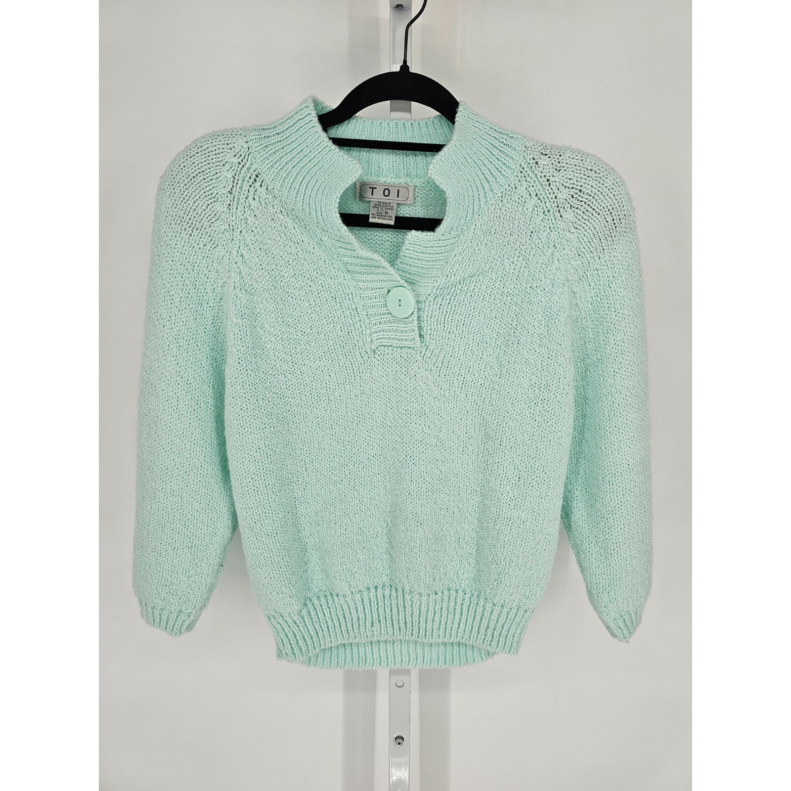 Vintage Toi Womens Sz M 3/4 Sleeve Knit Sweater Seafoam Green